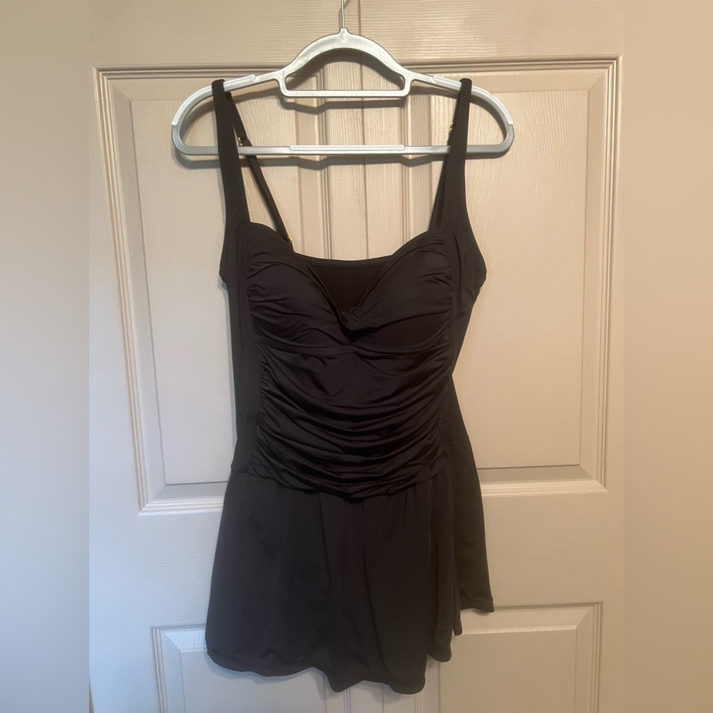 Black One Piece Swimsuit with Skirted Bottom and Ruching - Picture 1 of 3
